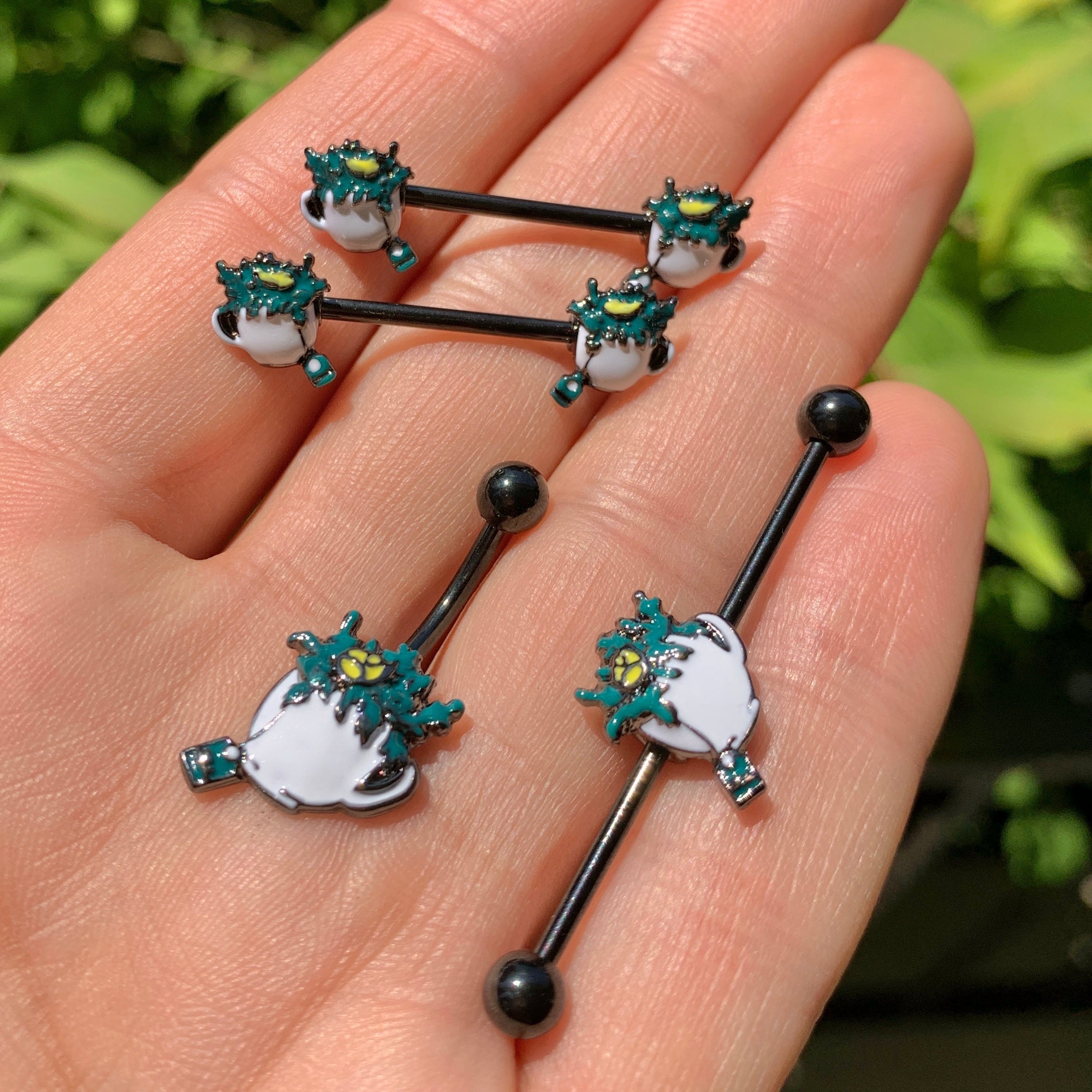 14G Black Creepy Halloween Tea Industrial Barbell 38mm