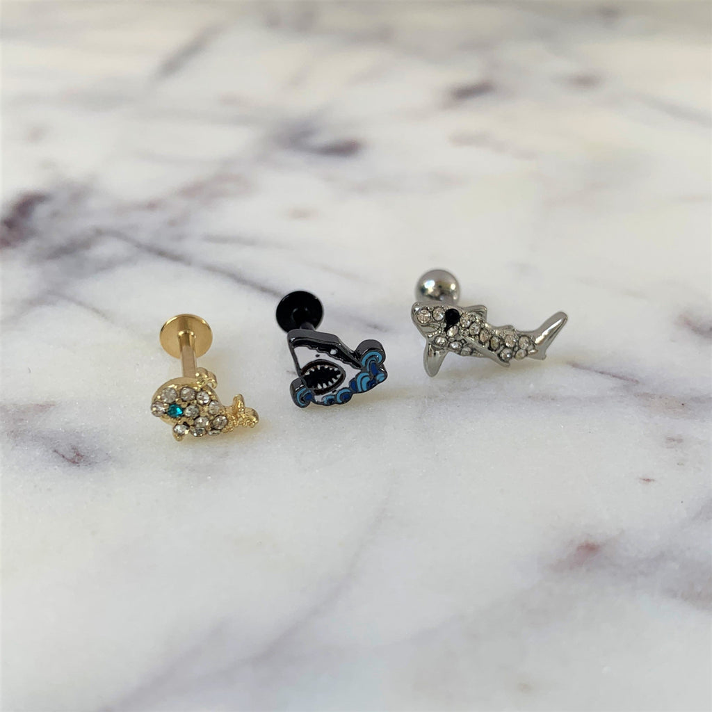 16G 5/16 Clear Aqua Gem Gold Tone Whale Labret Monroe Tragus