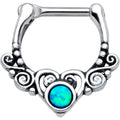 16G 3/8 Green Synthetic Opal Winged Heart Cartilage Clicker