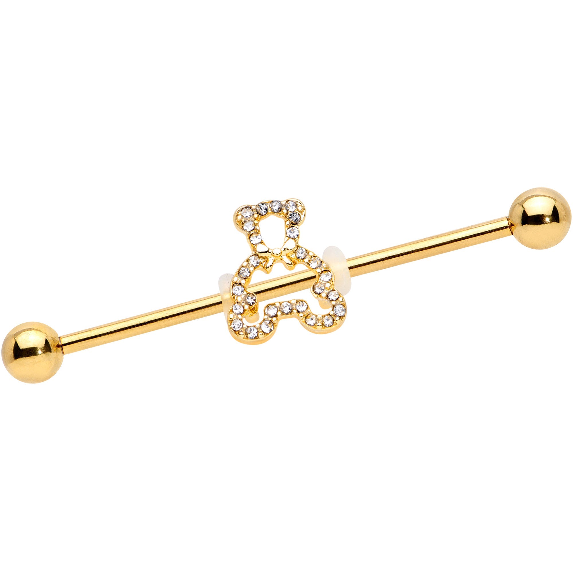 14G Clear Gem Gold Tone Hollow Bear Industrial Barbell 38mm