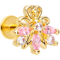 16G 1/4 Clear Pink CZ Gem Gold Tone Looping Labret Monroe Tragus