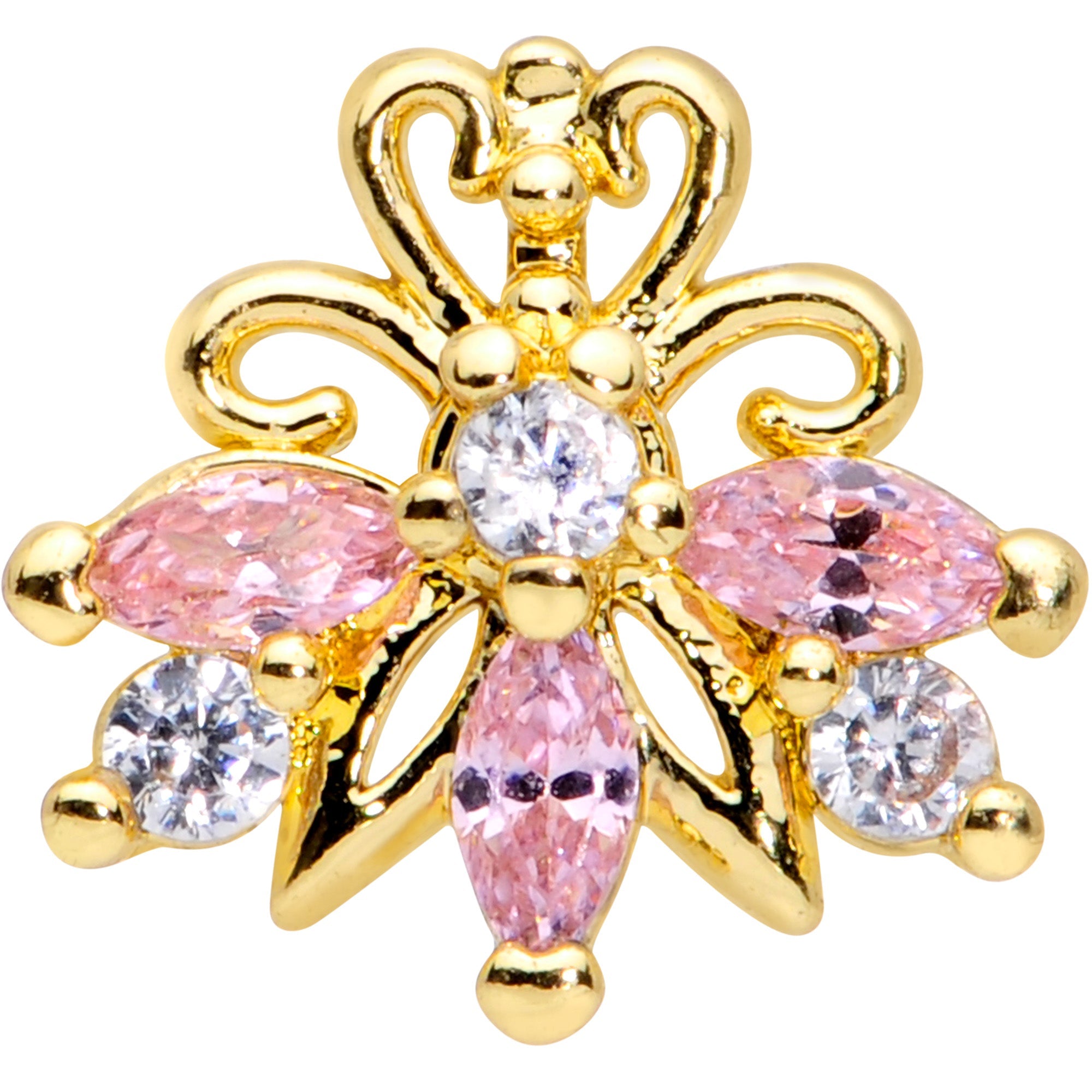 16G 1/4 Clear Pink CZ Gem Gold Tone Looping Labret Monroe Tragus