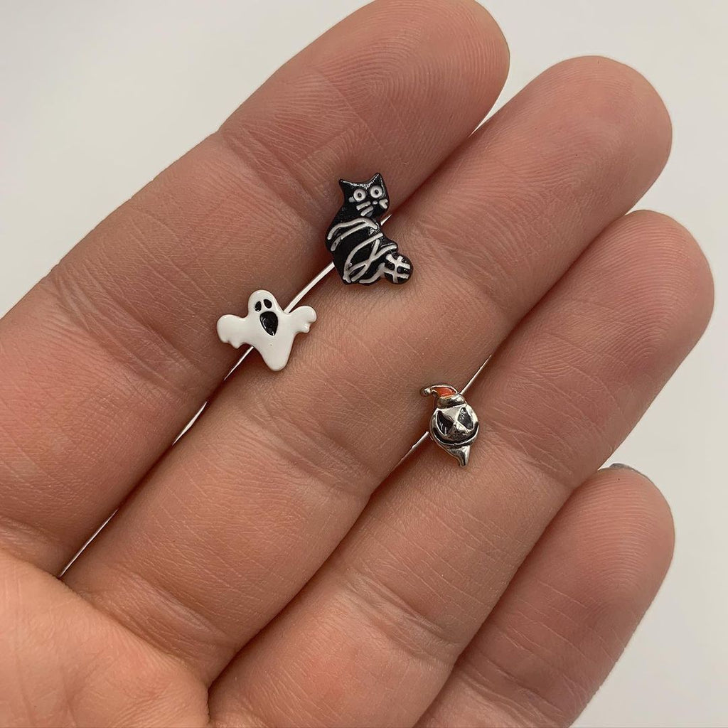 16G 1/4 Black Cat Ghost Halloween Cartilage Tragus Curation Set of 3