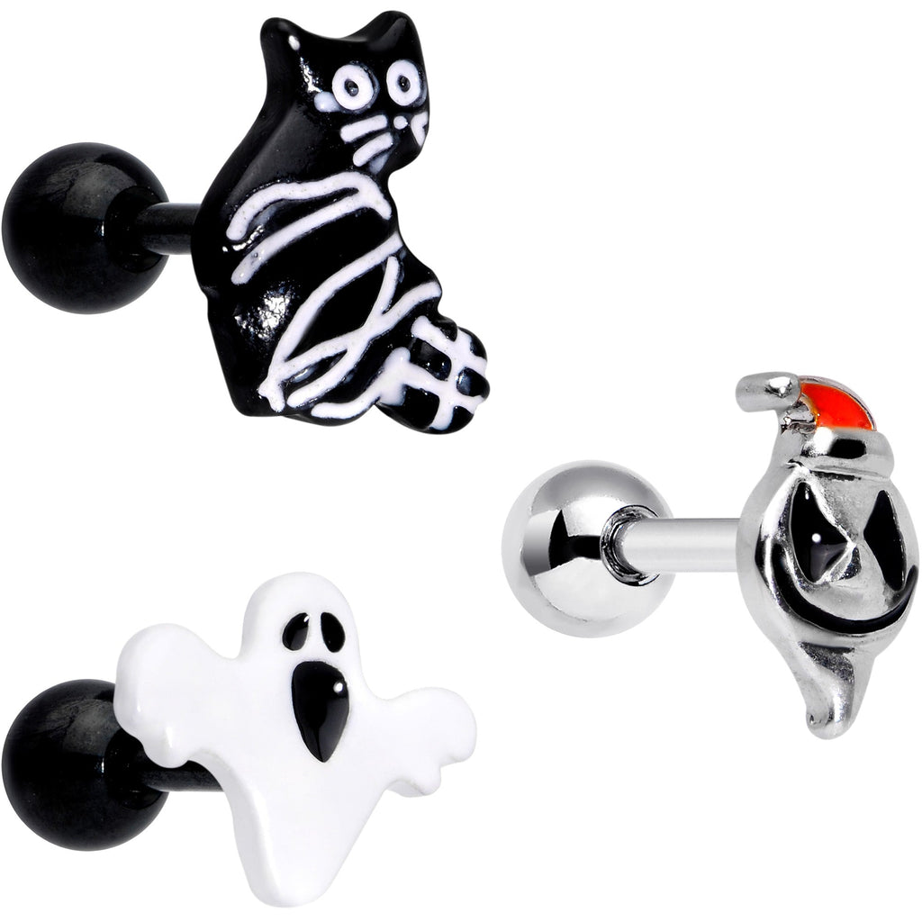16G 1/4 Black Cat Ghost Halloween Cartilage Tragus Curation Set of 3