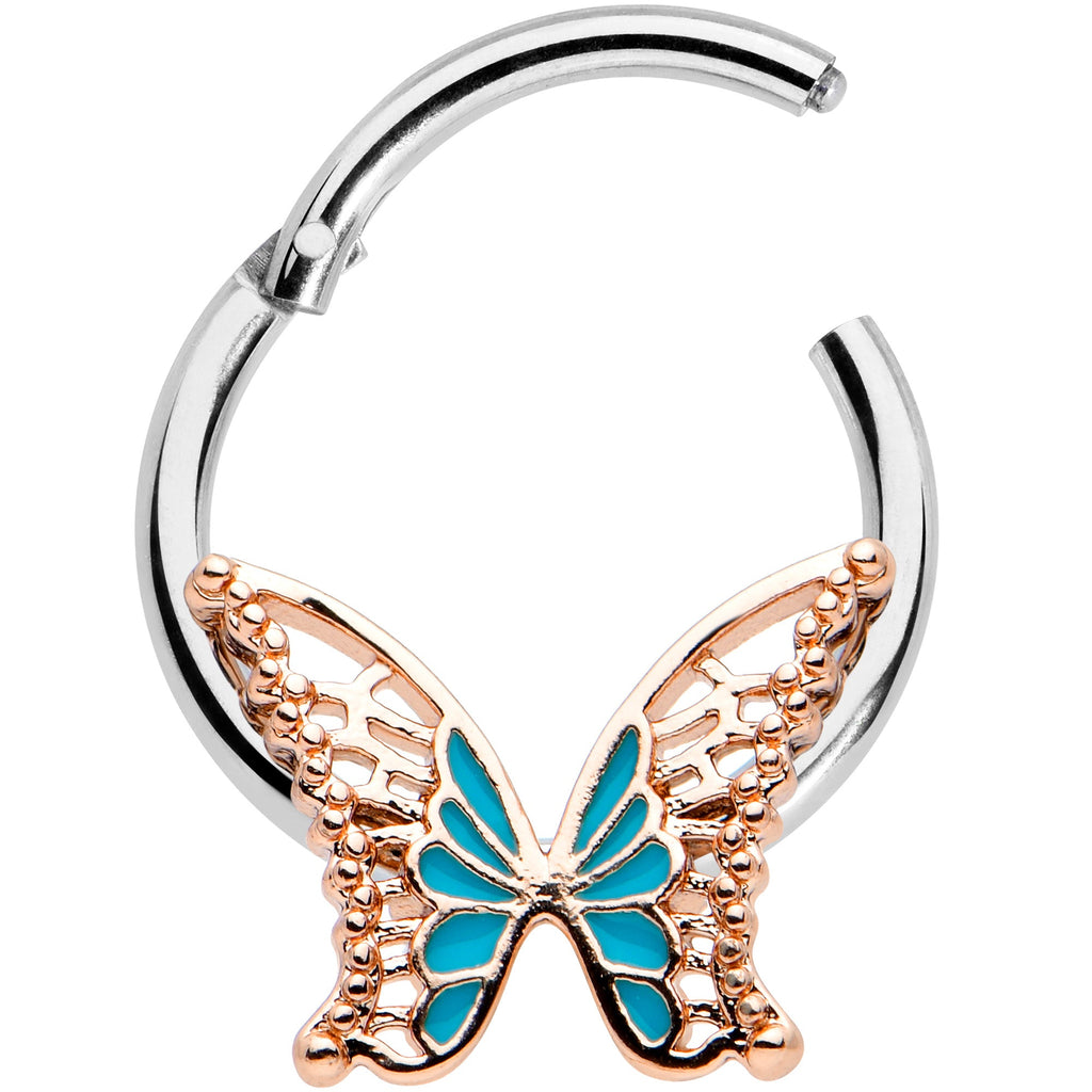 16G 3/8 Bit of Blue Butterfly Hinged Segment Ring