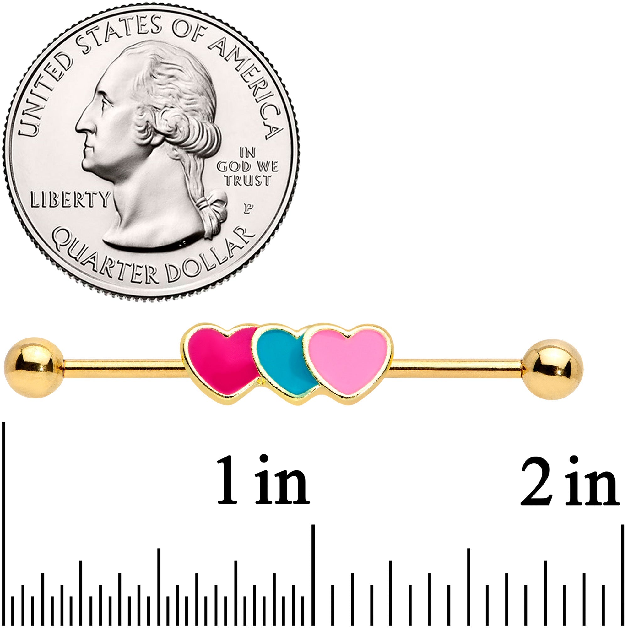 14G Gold Tone Triple Heart Industrial Barbell 38mm