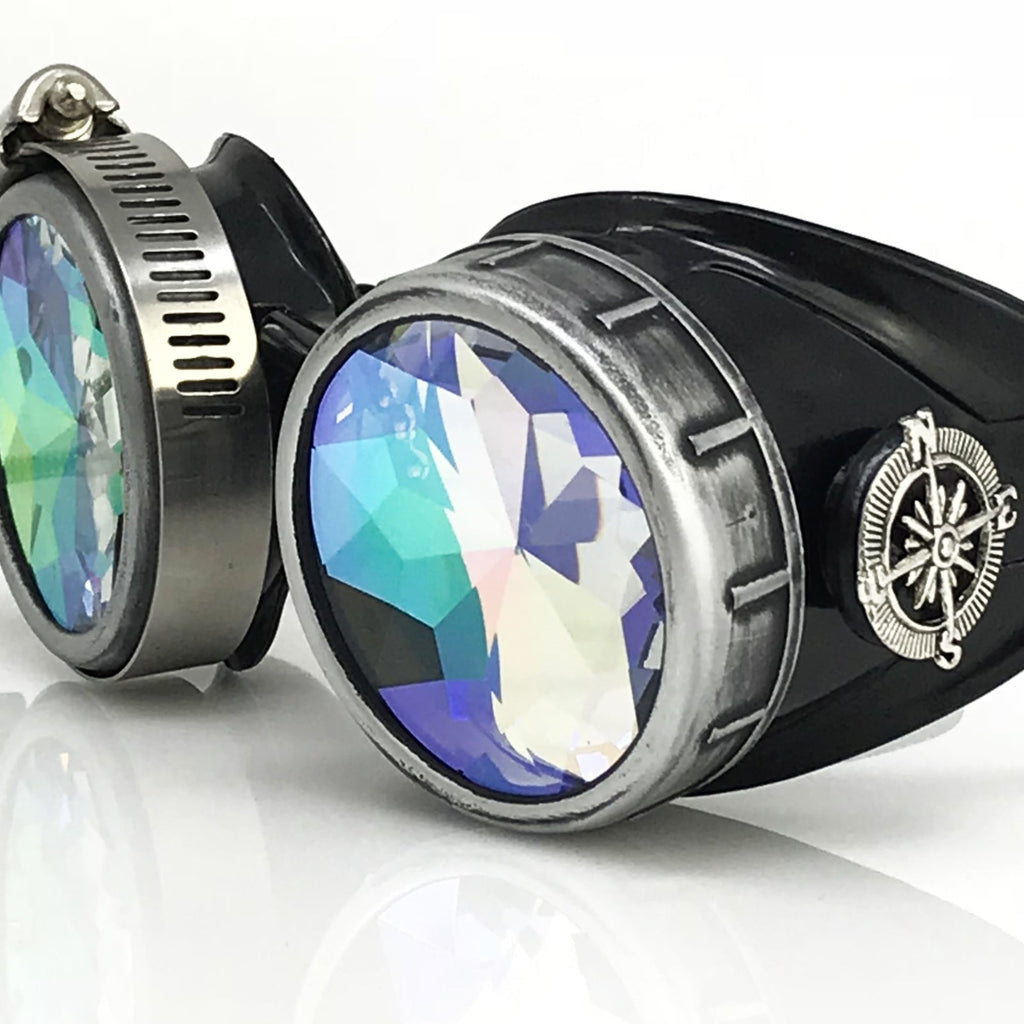 Handmade Steampunk Silver Goggles with Loupes - blue, red, green, clear, purple, black lenses