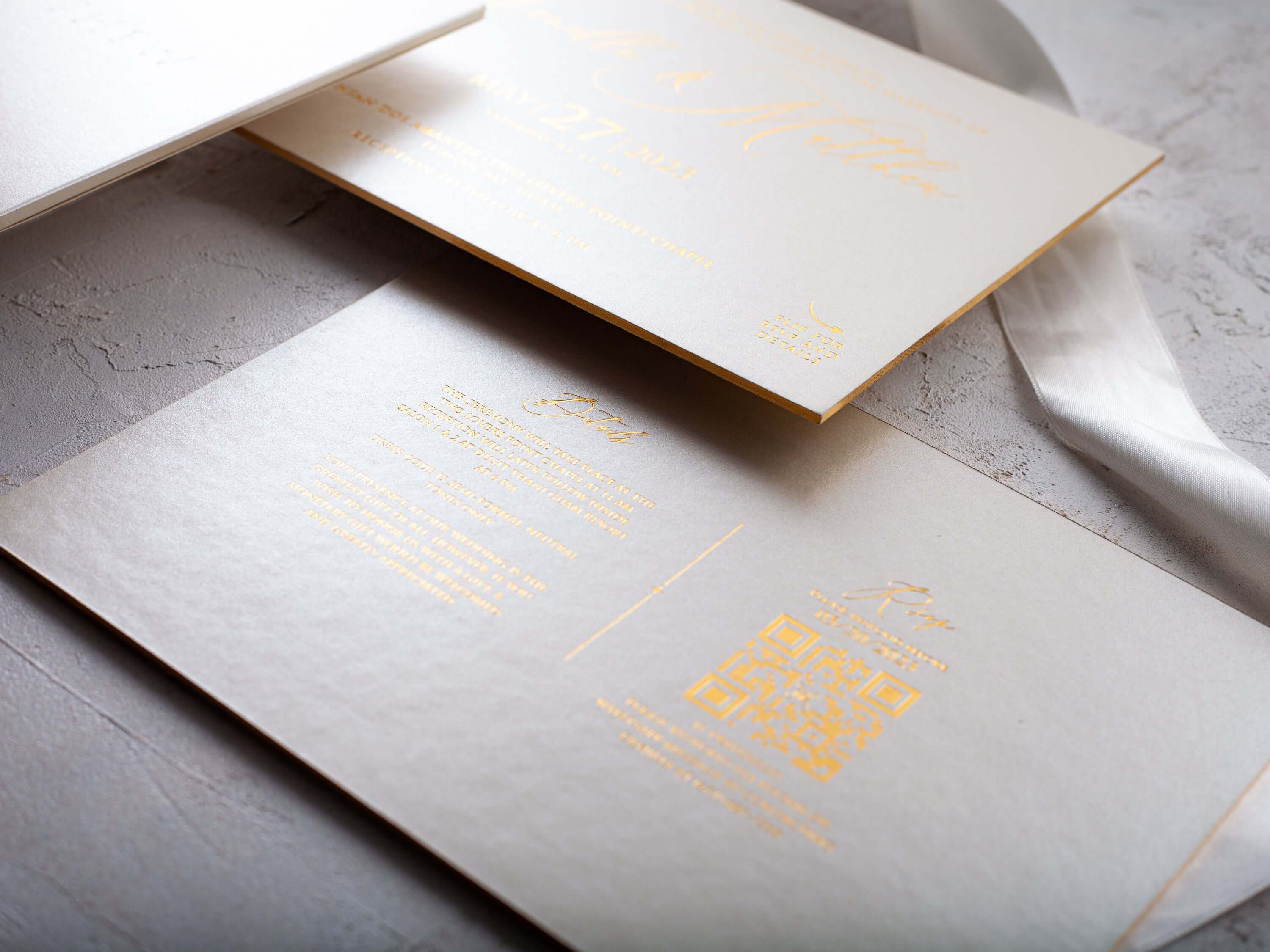 Ivory and Gold Embossed Wedding Invitations - Elegant Stationery Set