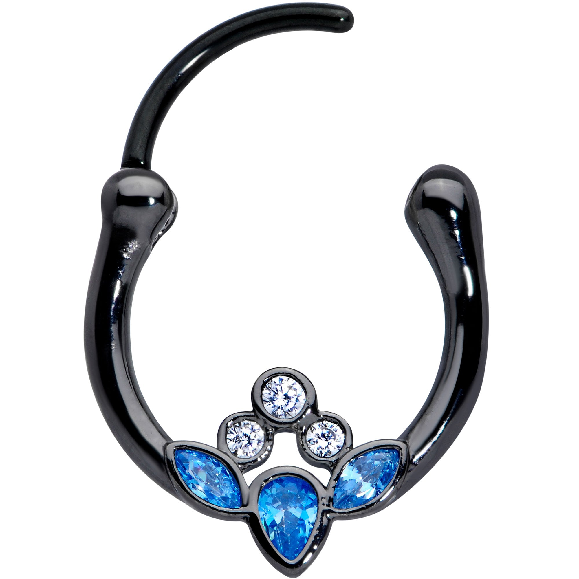 16G 3/8 Clear Blue Gem Black Anodized Classic Cluster Septum Clicker
