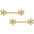 14G 9/16 Blue CZ Gem Gold Tone Snowflake Barbell Nipple Ring Set