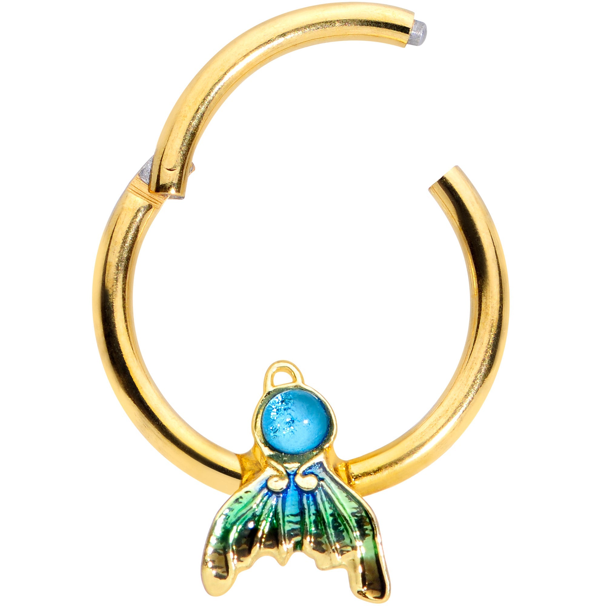 16G 3/8 Gold Tone Blue Green Mermaid Tail Hinged Segment Ring