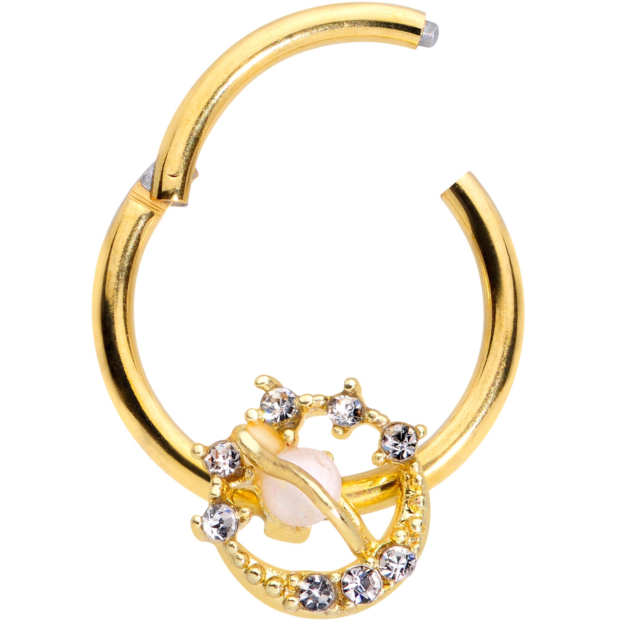 16G 3/8 Clear Gem Gold Tone White Faux Opal Saturn Hinged Segment Ring
