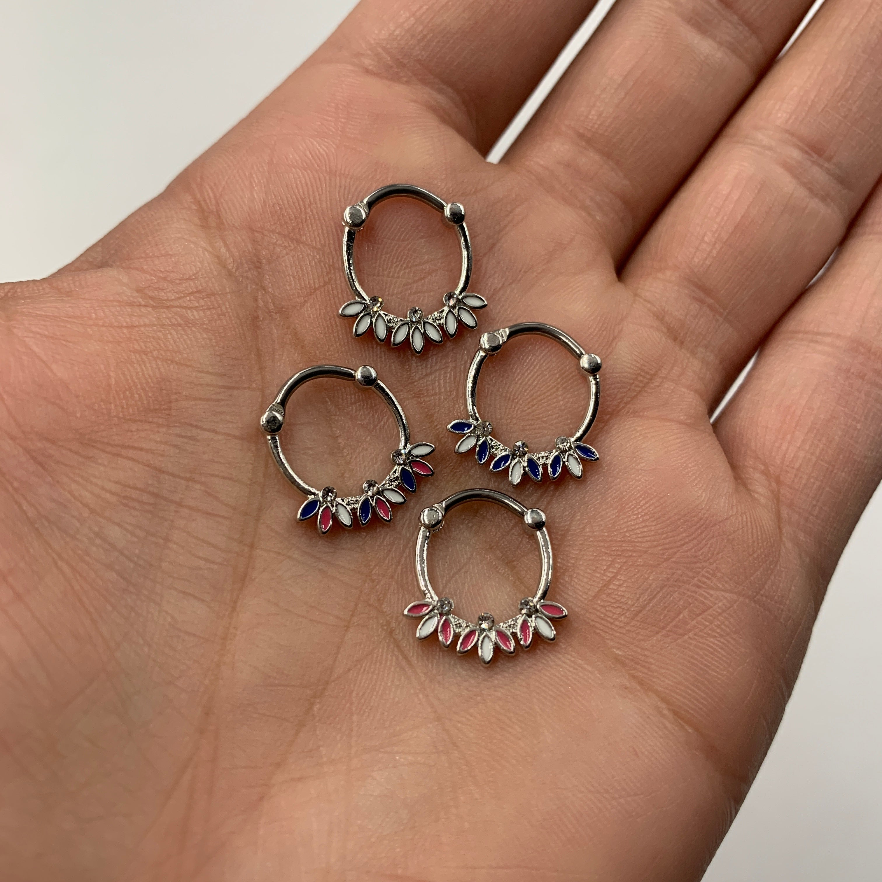 16G 3/8 Clear Gem White Pink Blue Leaves Septum Clicker