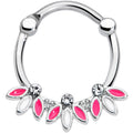16G 3/8 Clear Gem White Pink Leaves Septum Clicker