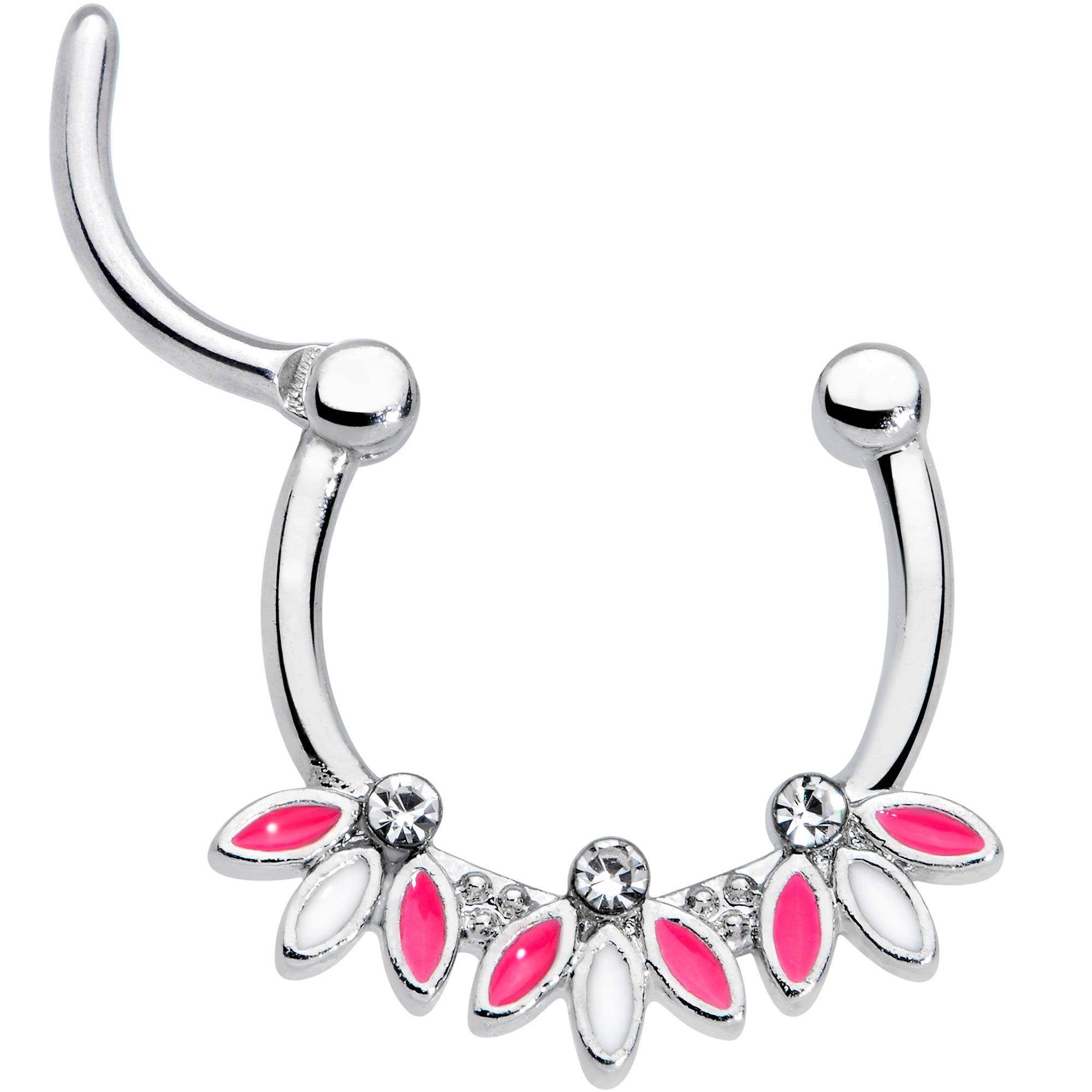 16G 3/8 Clear Gem White Pink Leaves Septum Clicker