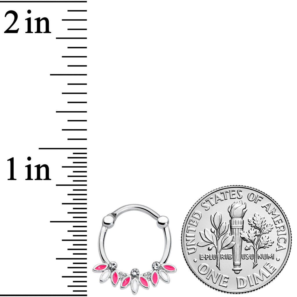 16G 3/8 Clear Gem White Pink Leaves Septum Clicker