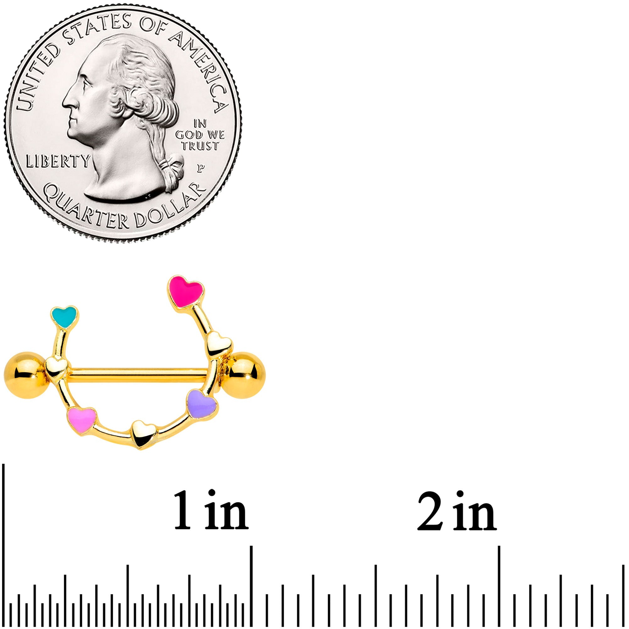 14G 9/16 Gold Tone Little Rainbow Hearts Nipple Shield Set