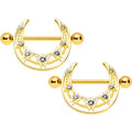 14G 5/8 Clear Gem Gold Tone Open Crescent Nipple Shield Set