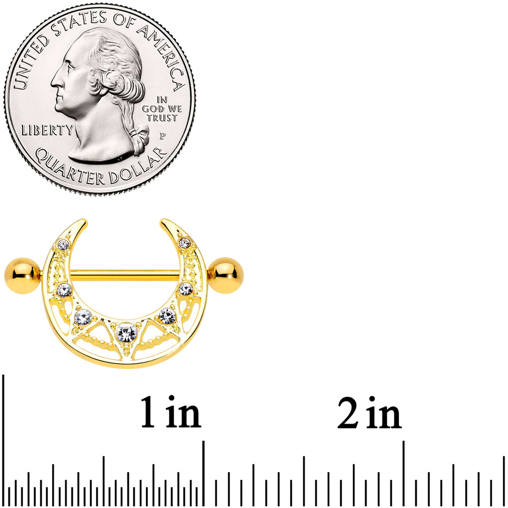 14G 5/8 Clear Gem Gold Tone Open Crescent Nipple Shield Set