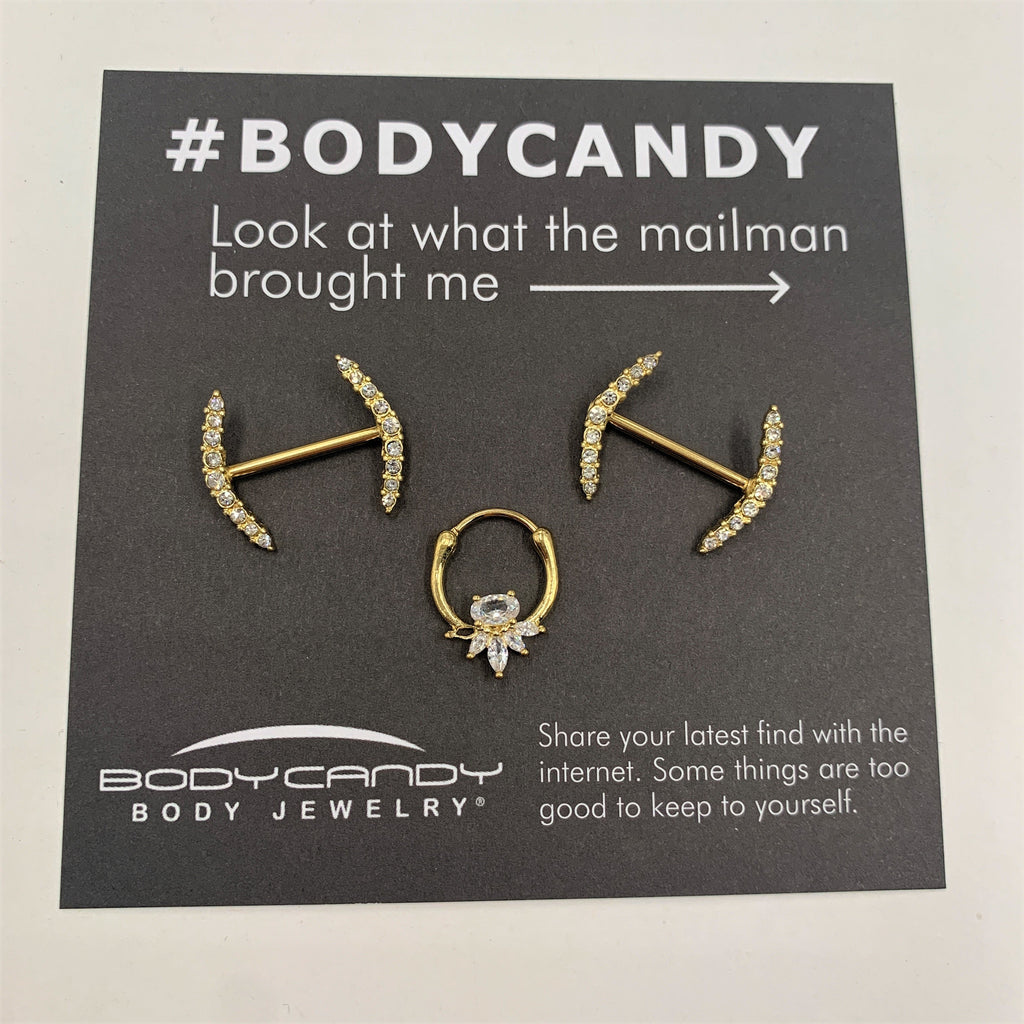 14G 9/16 Clear Gem Gold Tone Simple Curve Barbell Nipple Ring Set