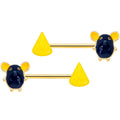14G 9/16 Gold Tone Black Mouse Cheese Barbell Nipple Ring Set