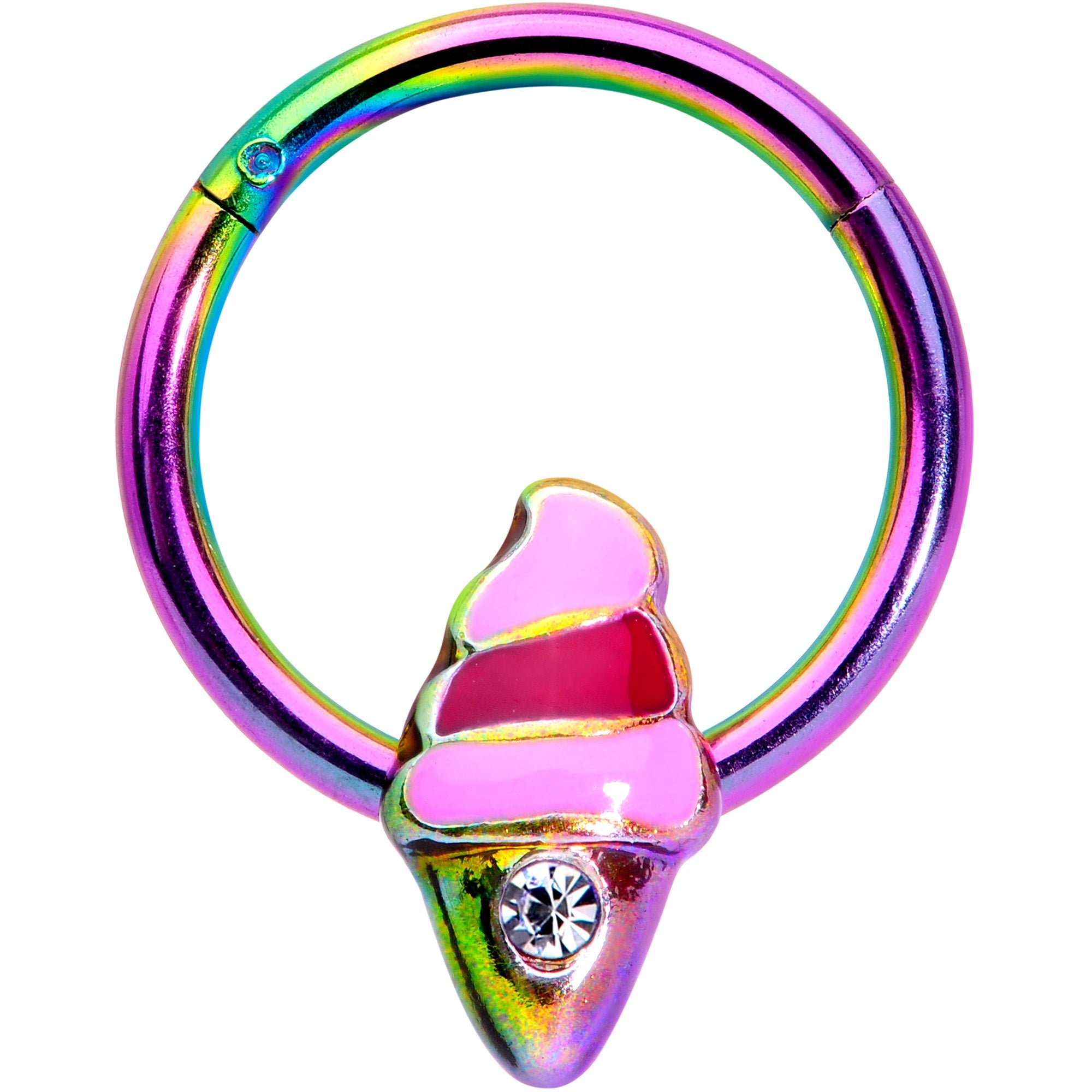 16G 3/8 Clear Gem Rainbow Ice Cream Cone Hinged Segment Ring