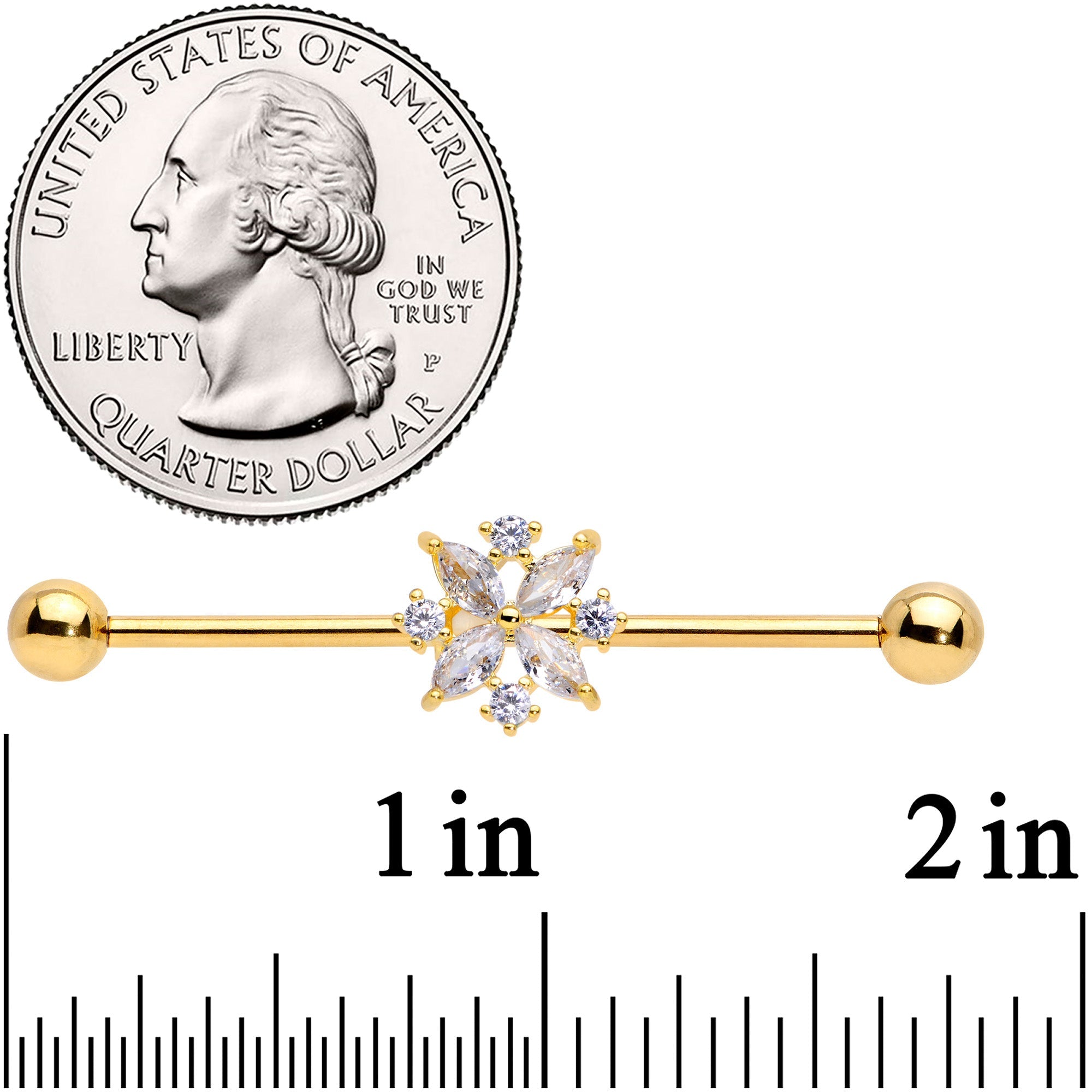 14G Clear CZ Gem Gold Tone Star Burst Industrial Barbell 38mm