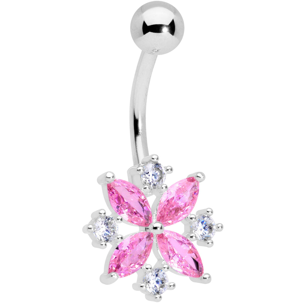 Pink Clear CZ Gem Star Burst Belly Ring