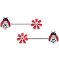 14G 9/16 Clear Gem Red Ladybug Flower Barbell Nipple Ring Set
