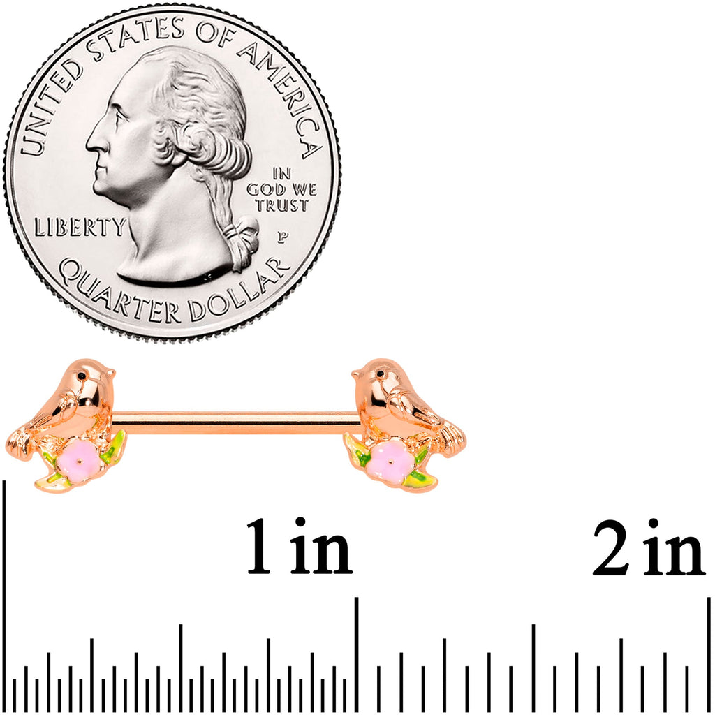 14G 9/16 Rose Gold Tone Bird Pink Flower Barbell Nipple Ring Set