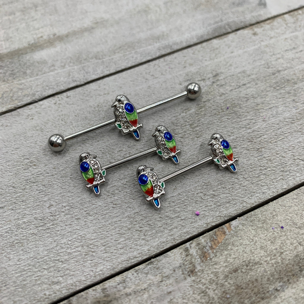 14G 9/16 Clear Gem Tropical Parrot Bird Barbell Nipple Ring Set