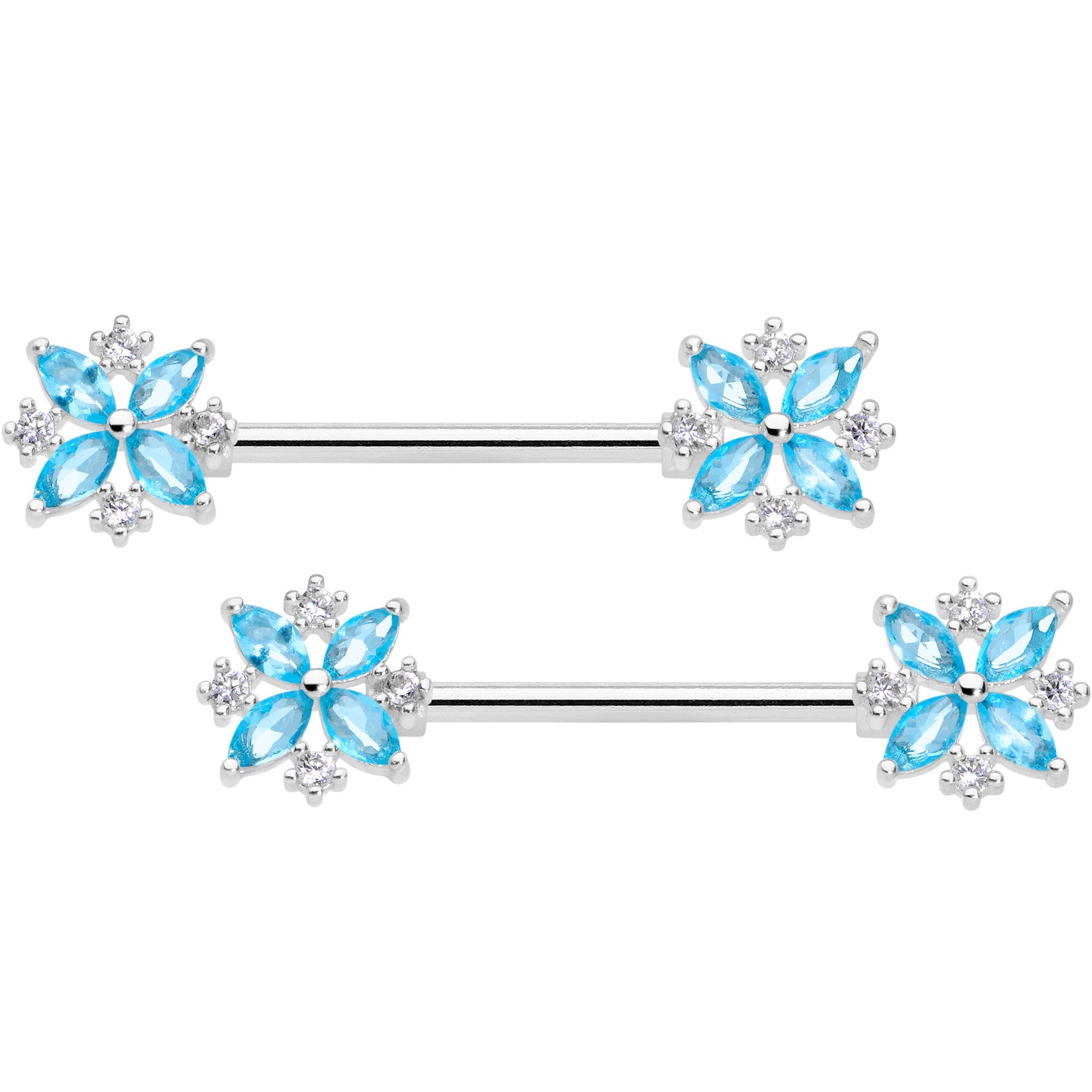 14G 5/8 Aqua CZ Gem Star Burst Barbell Nipple Ring Set