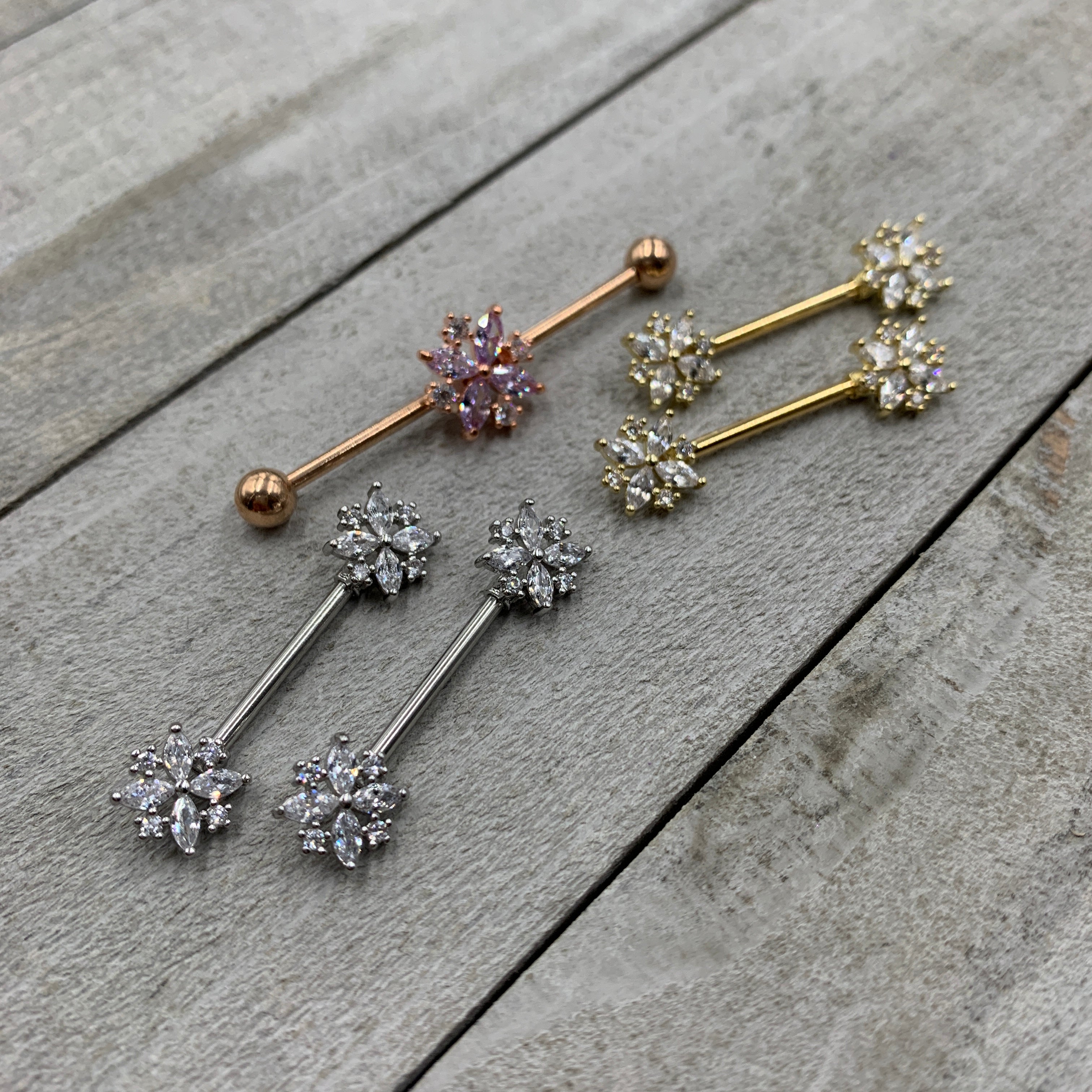 14G 5/8 Clear CZ Gem Gold Tone Star Burst Nipple Ring Set