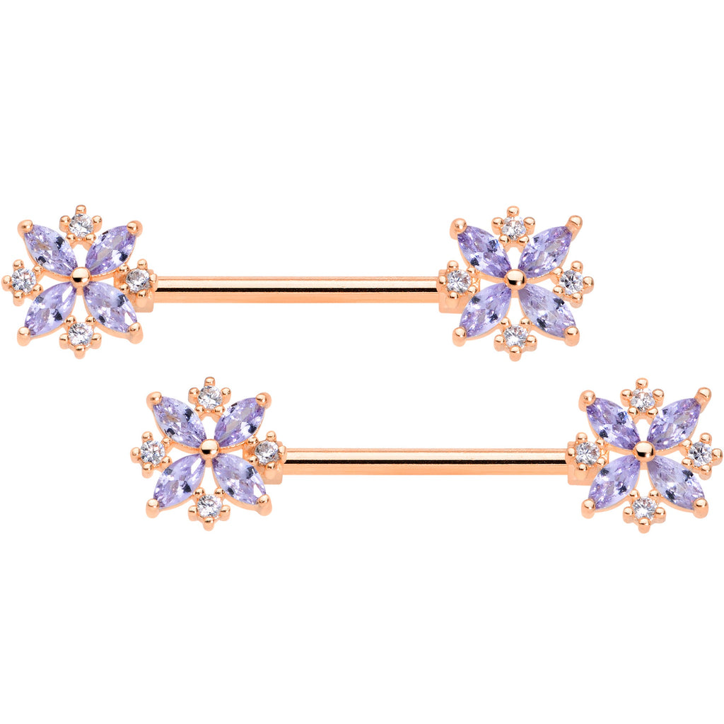 14G 5/8 Purple CZ Gem Rose Gold Tone Star Burst Nipple Ring Set