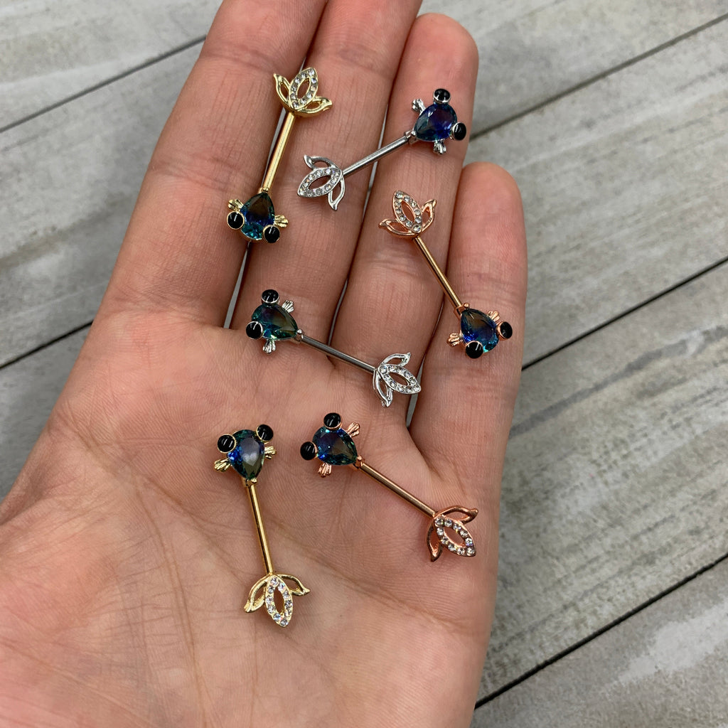 14G 9/16 Clear Aqua Gem Fish Barbell Nipple Ring Set