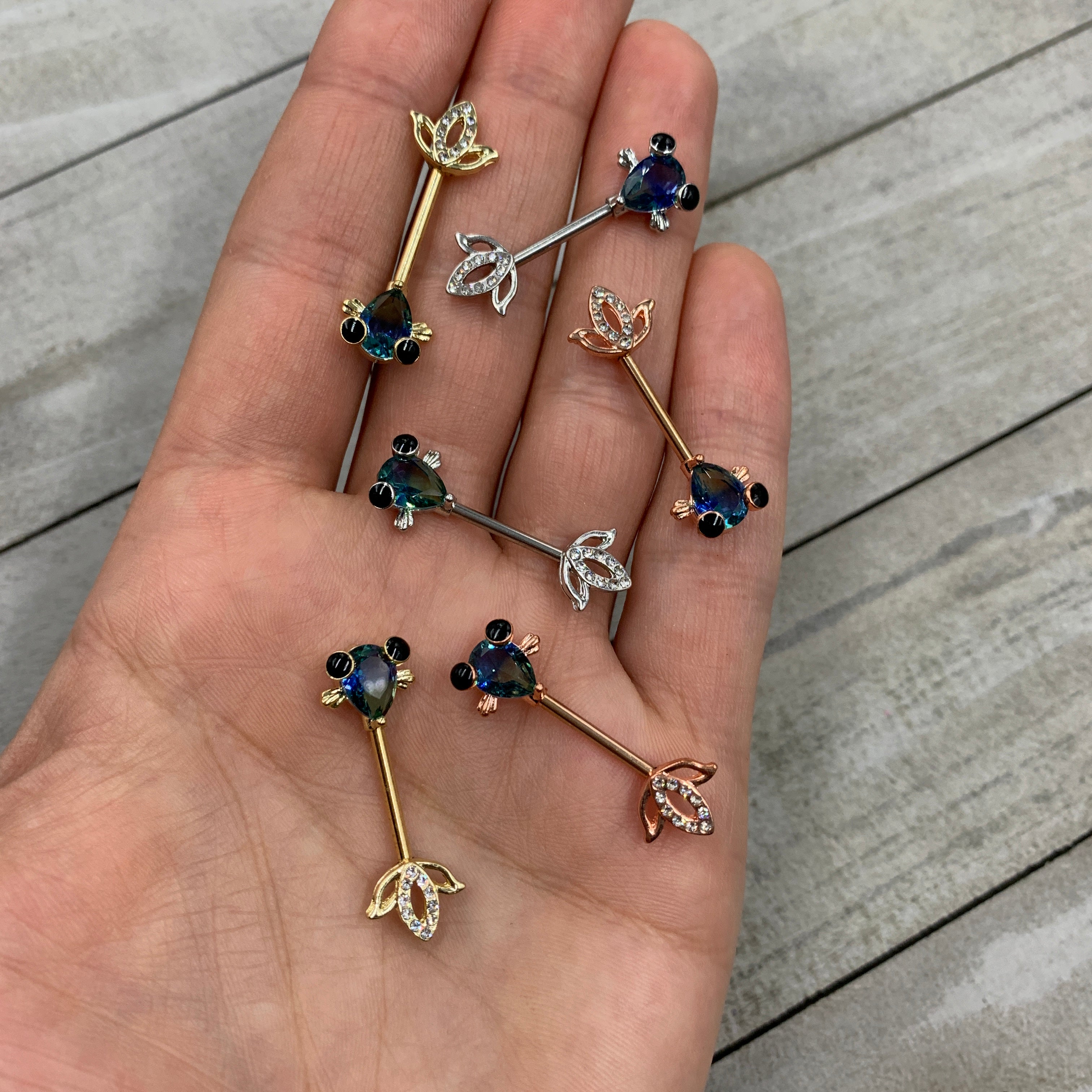 14G 9/16 Clear Aqua Gem Fish Barbell Nipple Ring Set