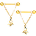 14G 5/8 Clear Gem Gold Tone Butterfly Dangle Nipple Ring Set
