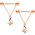 14G 5/8 Clear Gem Rose Gold Hue Butterfly Dangle Nipple Ring Set