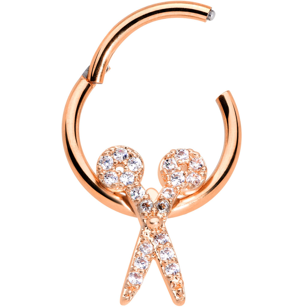 16G 3/8 Clear CZ Gem Rose Gold Tone Scissors Hinged Segment Ring