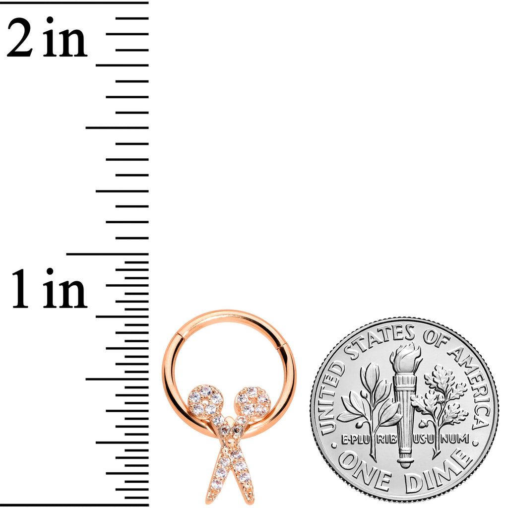 16G 3/8 Clear CZ Gem Rose Gold Tone Scissors Hinged Segment Ring