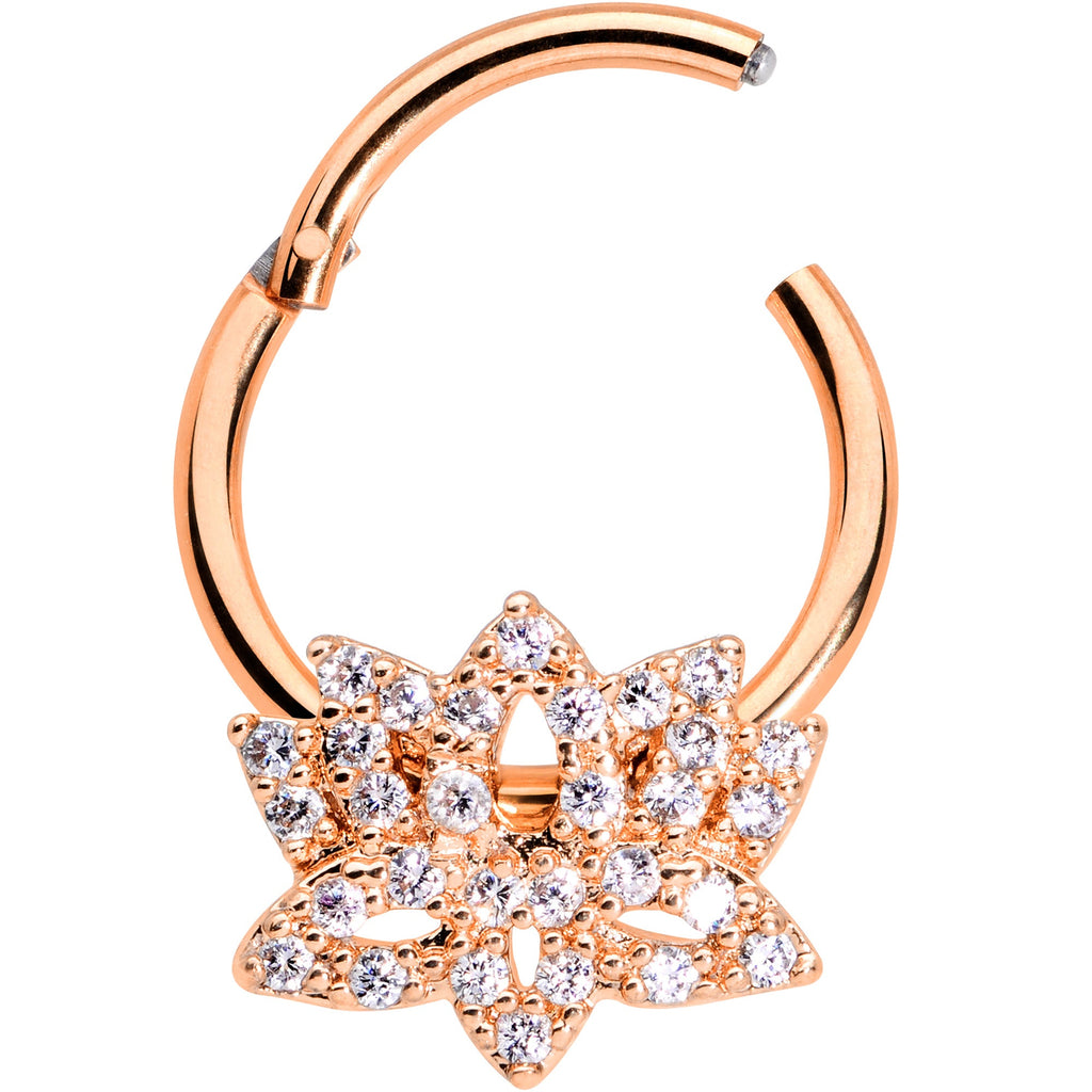 16G 3/8 Clear CZ Rose Gold Tone Lotus Flower Hinged Segment Ring