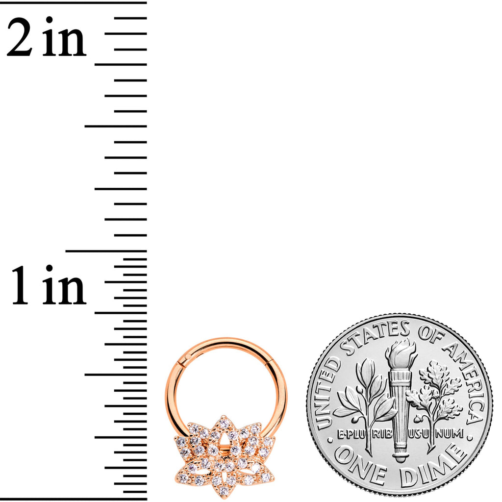 16G 3/8 Clear CZ Rose Gold Tone Lotus Flower Hinged Segment Ring