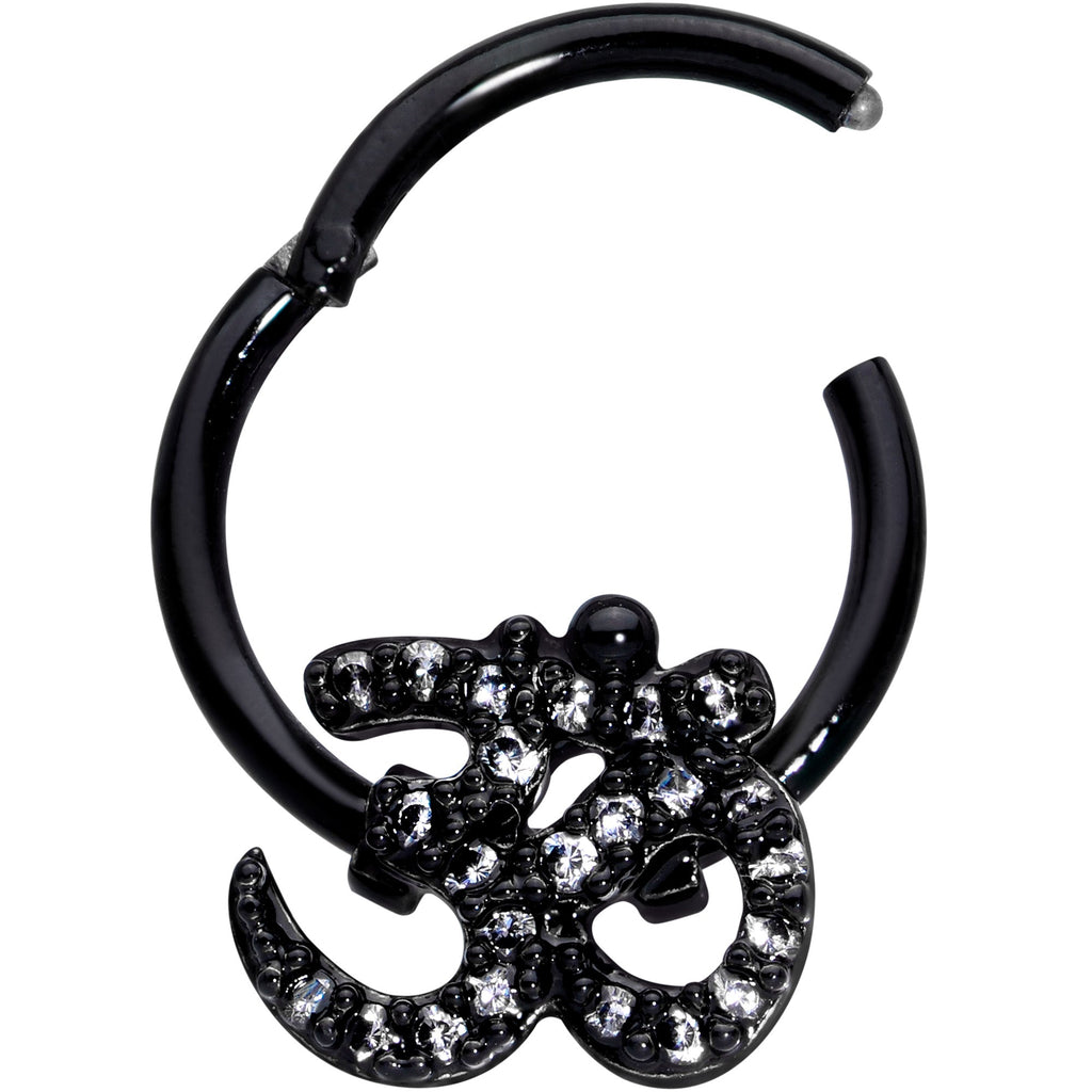 16G 3/8 Clear CZ Gem Black Amazing Om Hinged Segment Ring