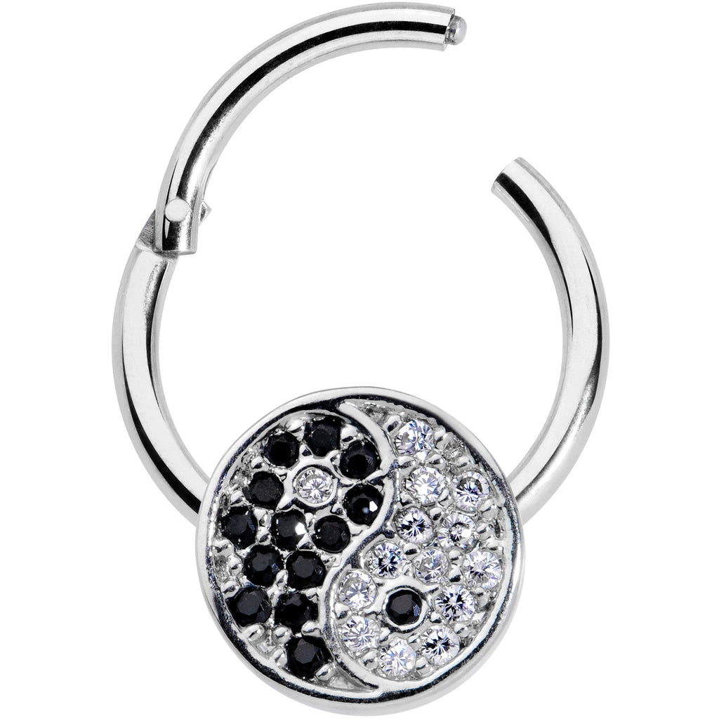 16G 3/8 Clear Black CZ Gem Yin Yang Hinged Segment Ring
