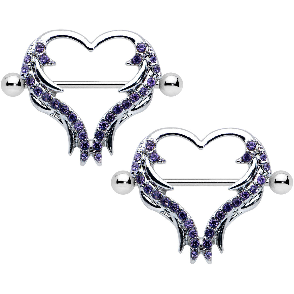 14G 3/4 Dark Purple Gem Rock and Roll Heart Nipple Shield Set