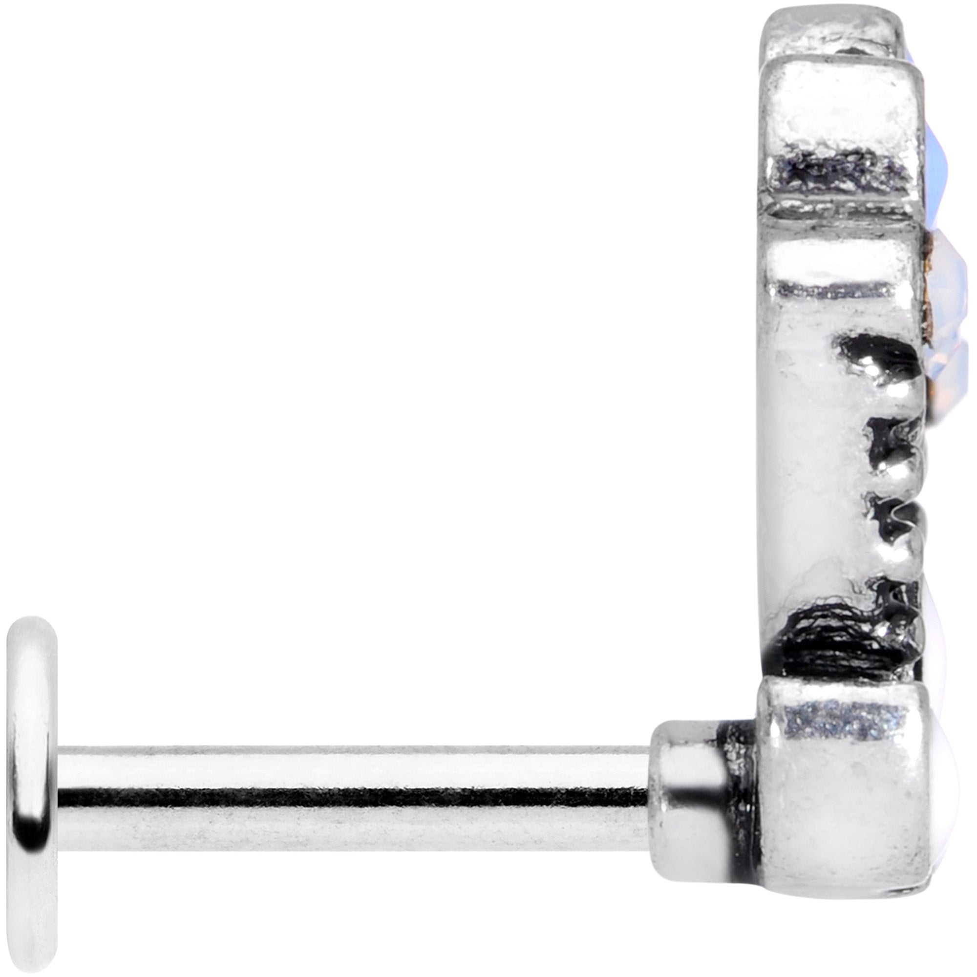16G 1/4 White Blue Faux Opal Ornate Labret Monroe Tragus