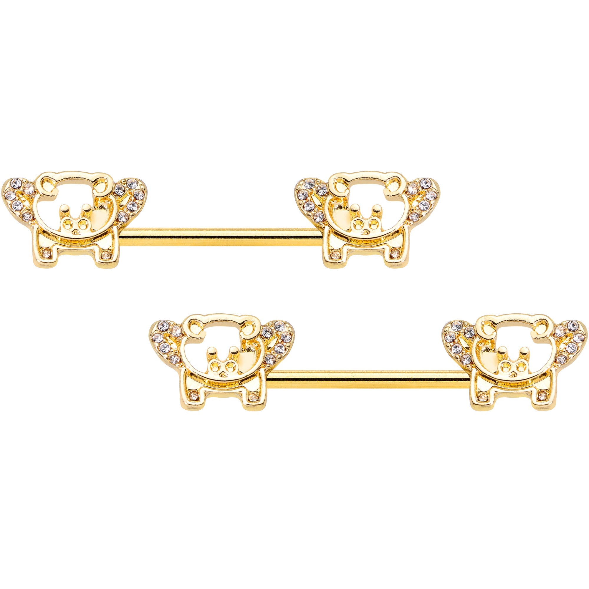 14G 9/16 Clear Gem Gold Tone Flying Pig Barbell Nipple Ring Set