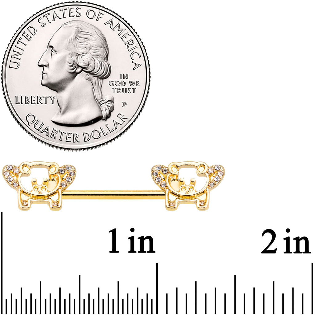 14G 9/16 Clear Gem Gold Tone Flying Pig Barbell Nipple Ring Set