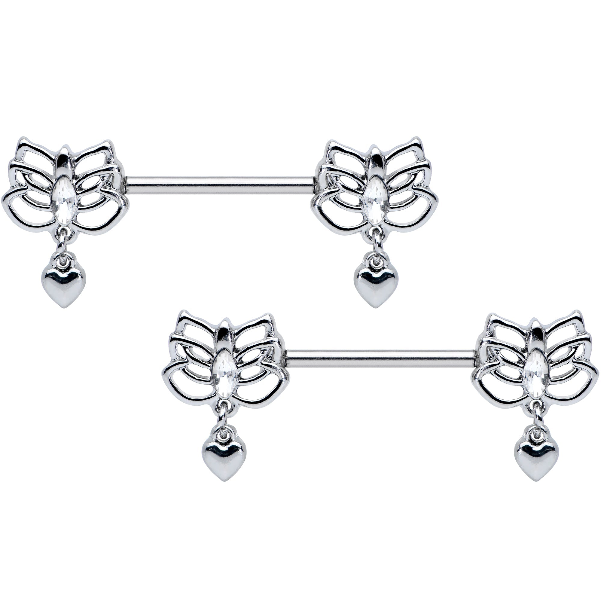 14G 5/8 Clear Gem Lotus Heart Dangle Barbell Nipple Ring Set