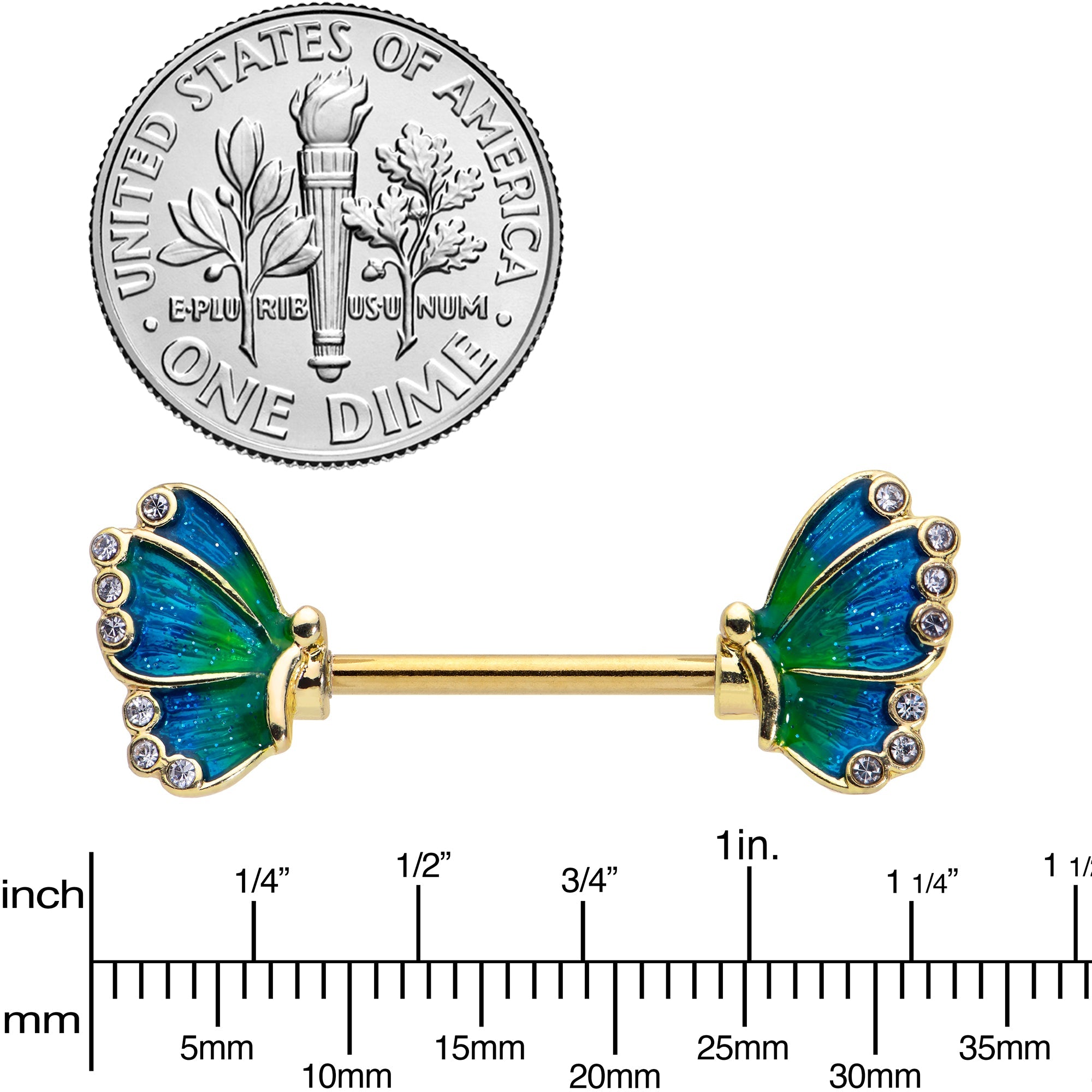 14G 9/16 Clear Gem Gold Tone Blues Butterfly Nipple Ring Set
